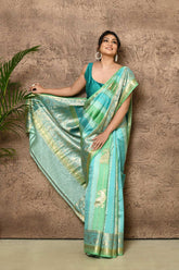 Rangkat Pure Katan Chiniya Silk Banarasi Handloom Saree With Ropa Sona Strped Body And Border